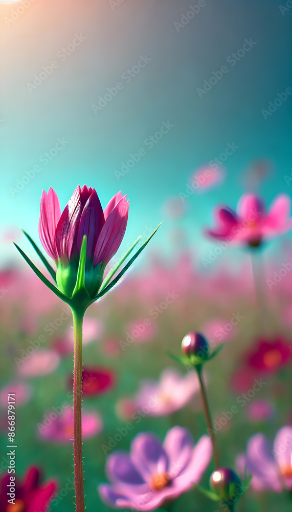 Fototapeta premium Bright Pink Cosmos Bud with Sunny Field Background Background, 4K Wallpaper, Banner, Copy Space