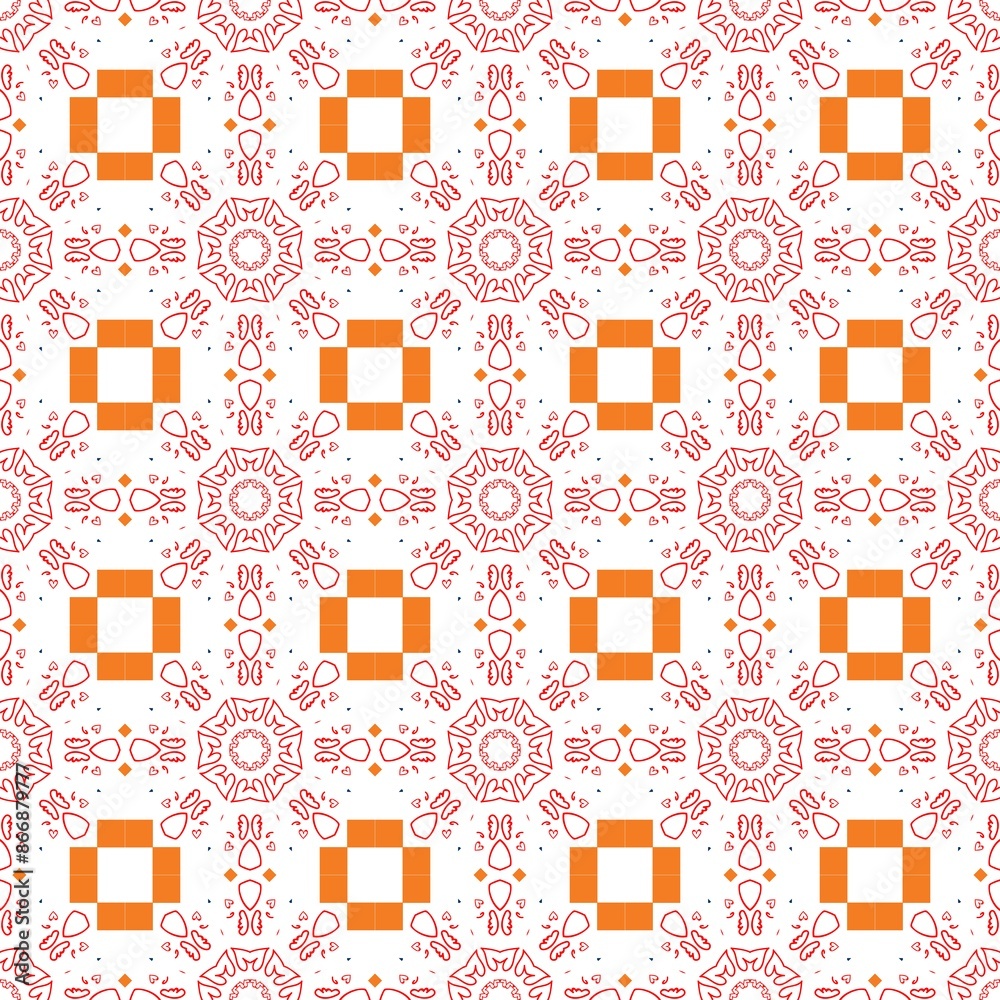 Abstract vibrant geometric pattern with orange squares and red floral elements