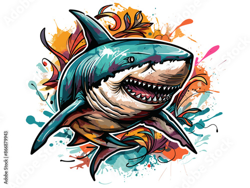 A colorful drawing of a shark with its mouth wide open