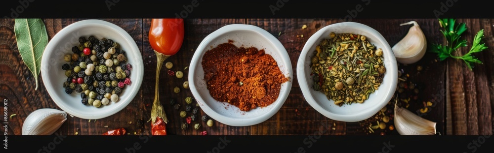 Variety of Spices in White Bowls on Wooden Table Variety of Spices in White Bowls on Wooden Table