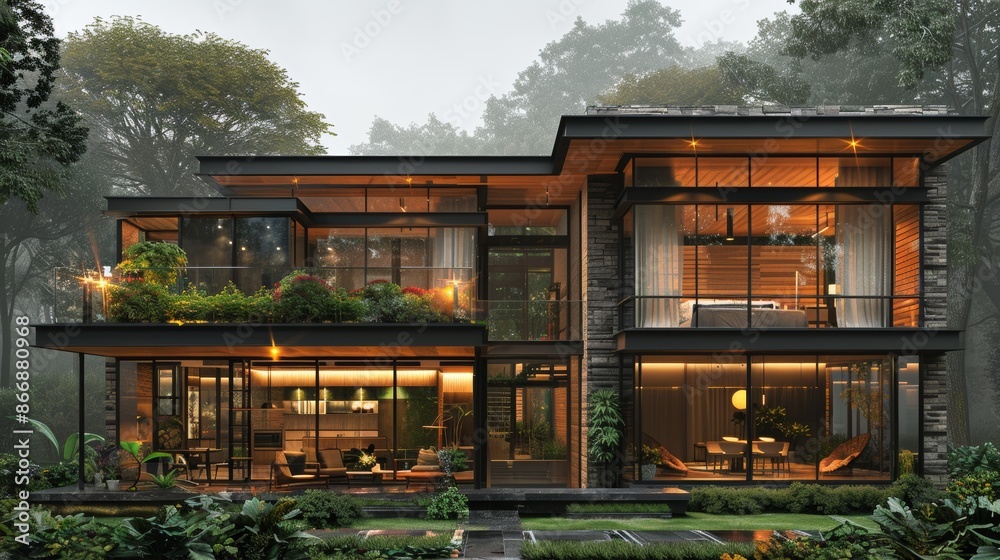 modern glass house surrounded by lush greenery in rainy forest, nighttime view. architectural marvel and nature integration concept modern glass house surrounded by lush greenery in rainy forest, nighttime view. architectural marvel and nature integration concept