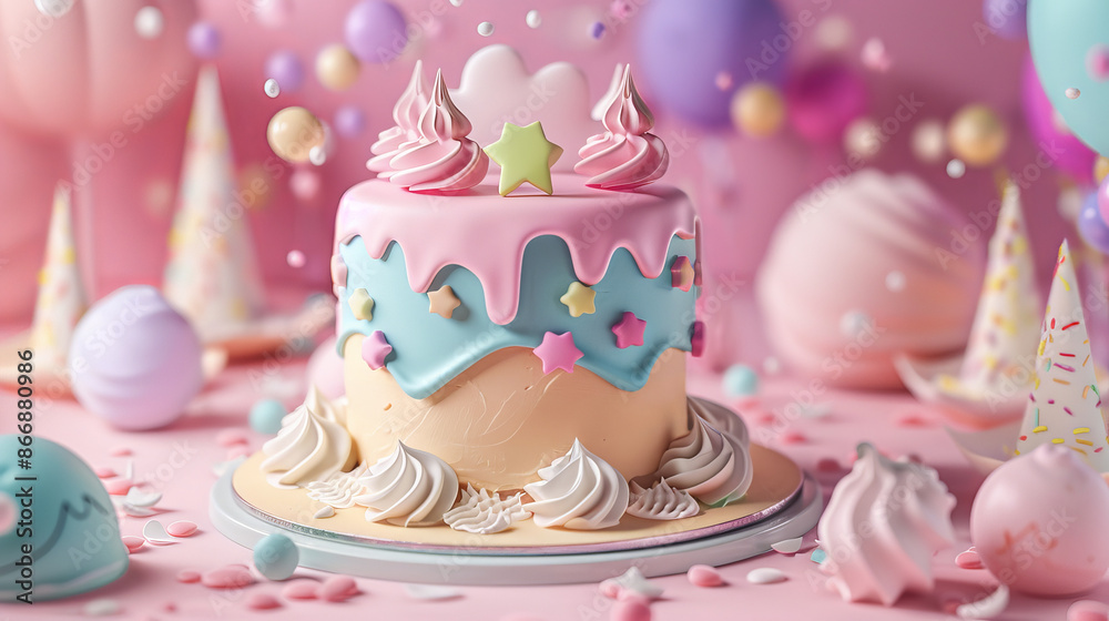 International Cake Day. pastel birthday cake with dripping icing, star-shaped decorations, and whipped cream swirls. bakeries, birthday party planning services, children’s book International Cake Day. pastel birthday cake with dripping icing, star-shaped decorations, and whipped cream swirls. bakeries, birthday party planning services, children’s book