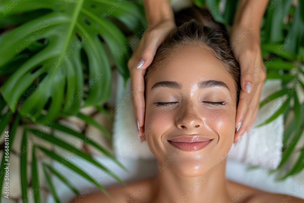 A beautiful woman is lying on her back in the spa, with hands massaging her face and body A beautiful woman is lying on her back in the spa, with hands massaging her face and body