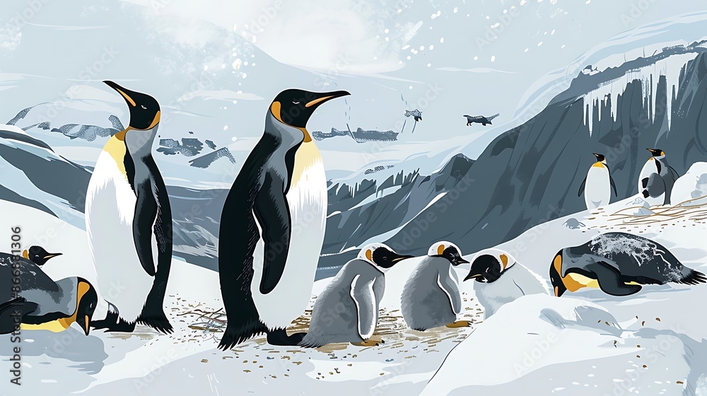 Fototapeta premium Series of illustrations on the lifecycle of the Penguin Spheniscidae detailing its stages from egg to chick juvenile and adult with visuals of its Antarctic habitats and communal nesting behavior