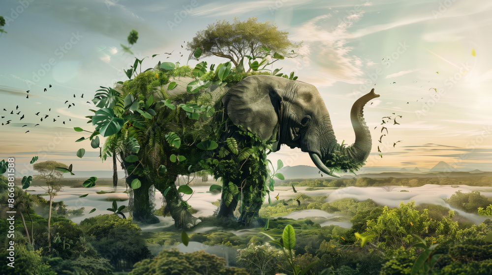 Fototapeta premium World Nature Conservation Day. elephant adorned with green foliage stands in a surreal landscape, blending nature and wildlife. environmental awareness, fantasy art