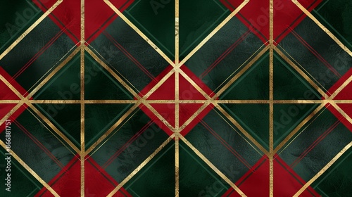 A traditional red and green plaid pattern with thin gold lines