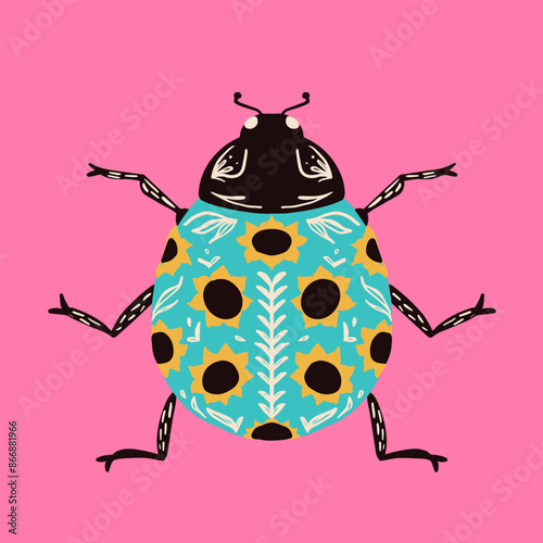 Blue Sunflower Ladybug. Vector Illustration of The Insect. Natural Decor Animal. Ornament with Flowers.