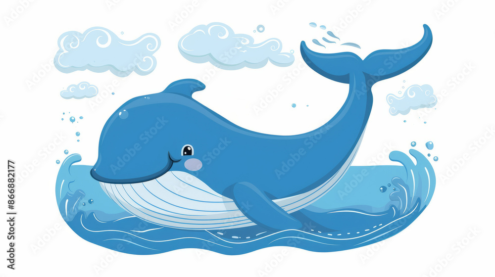 World Whale and Dolphin Day. charming blue whale swims happily in a calm ocean, surrounded by gentle waves and a few playful clouds. The whale's friendly expression and serene environment World Whale and Dolphin Day. charming blue whale swims happily in a calm ocean, surrounded by gentle waves and a few playful clouds. The whale's friendly expression and serene environment