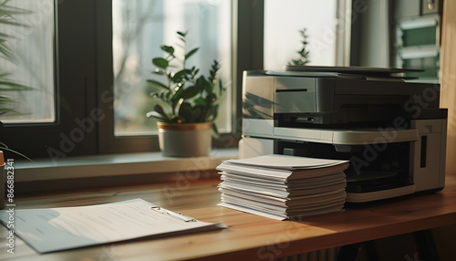 Stack of paper on wooden table near window sill with modern printer in office © Oleksiy
