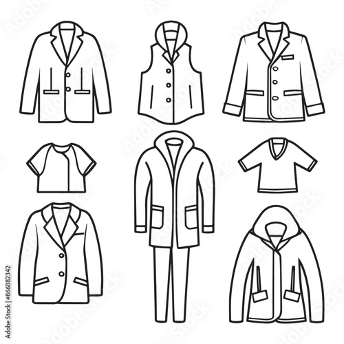kid’s Clothing editable stroke outline icons set. Overcoat, blazer, shirts, sweater, t-shirts, pant, trousers, hoodie and vest. Vector illustration