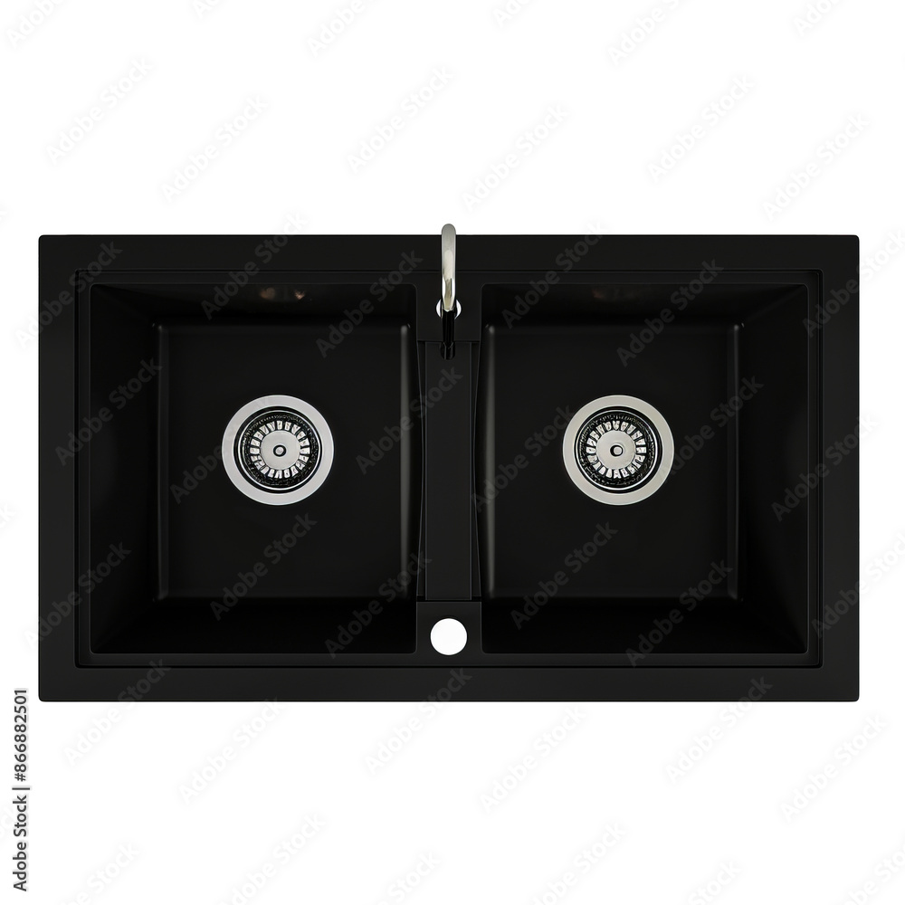 Modern black double kitchen sink with dual stainless steel drains and sleek faucet - top view, elegant home design cut out png on transparent background Modern black double kitchen sink with dual stainless steel drains and sleek faucet - top view, elegant home design cut out png on transparent background