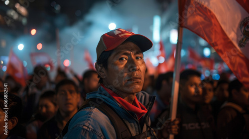 Independence Day in Peru. solemn man in a red cap stands in a crowd at night, with smoke and flags in the background. His serious expression, gravity of the moment, protest or demonstration