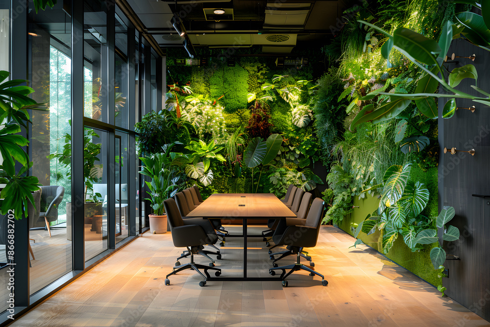 Modern office setting with wooden table surrounded by chairs, lush green plants decorating the space, fresh, eco-friendly work environment conducive to creativity, productivity Modern office setting with wooden table surrounded by chairs, lush green plants decorating the space, fresh, eco-friendly work environment conducive to creativity, productivity