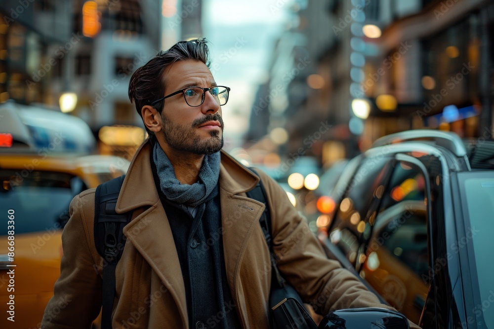 Confident businessman walks in city street surrounded by yellow cabs, showcasing his urban professional image Confident businessman walks in city street surrounded by yellow cabs, showcasing his urban professional image