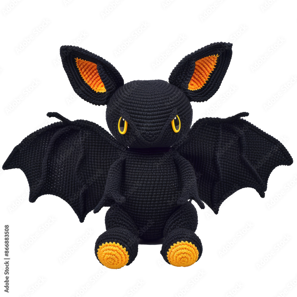 Adorable Handcrafted Amigurumi Bat Plush Toy with Black and Orange Crocheted Wings and Big Eyes - Perfect for Halloween Decorations or Gifts cut out png on transparent background Adorable Handcrafted Amigurumi Bat Plush Toy with Black and Orange Crocheted Wings and Big Eyes - Perfect for Halloween Decorations or Gifts cut out png on transparent background