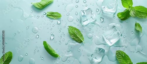Wallpaper Mural Top down image of mint leaves ice cubes and droplets of water on a pale blue backdrop. Torontodigital.ca