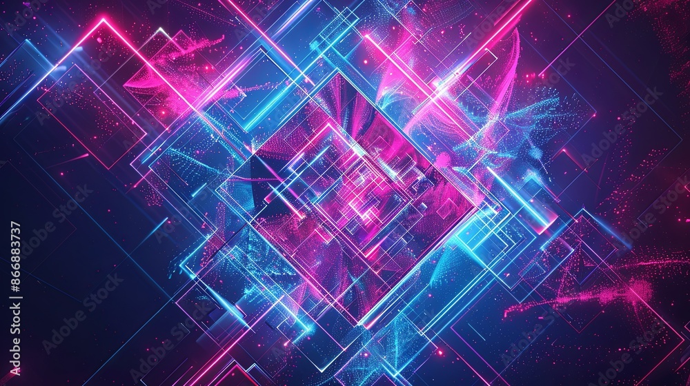 Abstract neon geometric background with glowing lines, squares, and shapes. Futuristic, cyberpunk, or synthwave aesthetic for technology, gaming, or music. Abstract neon geometric background with glowing lines, squares, and shapes. Futuristic, cyberpunk, or synthwave aesthetic for technology, gaming, or music.