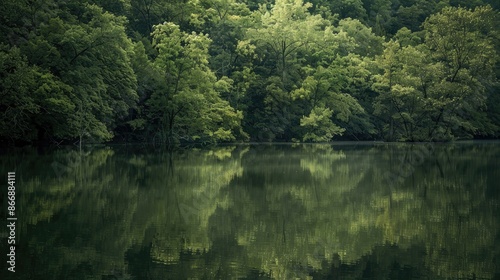 Trees reflecting on the still lake under the soft evening light create a peaceful and serene atmosphere