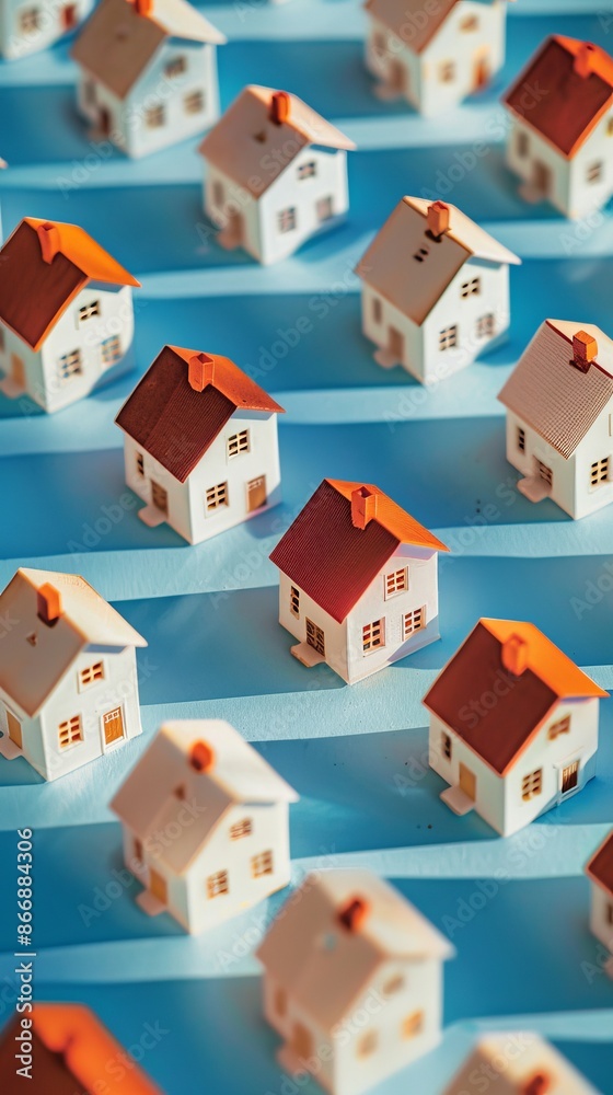Miniature houses on a blue background, top view. Real estate and housing concept