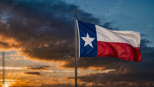 Texas flag waving on a sunset background