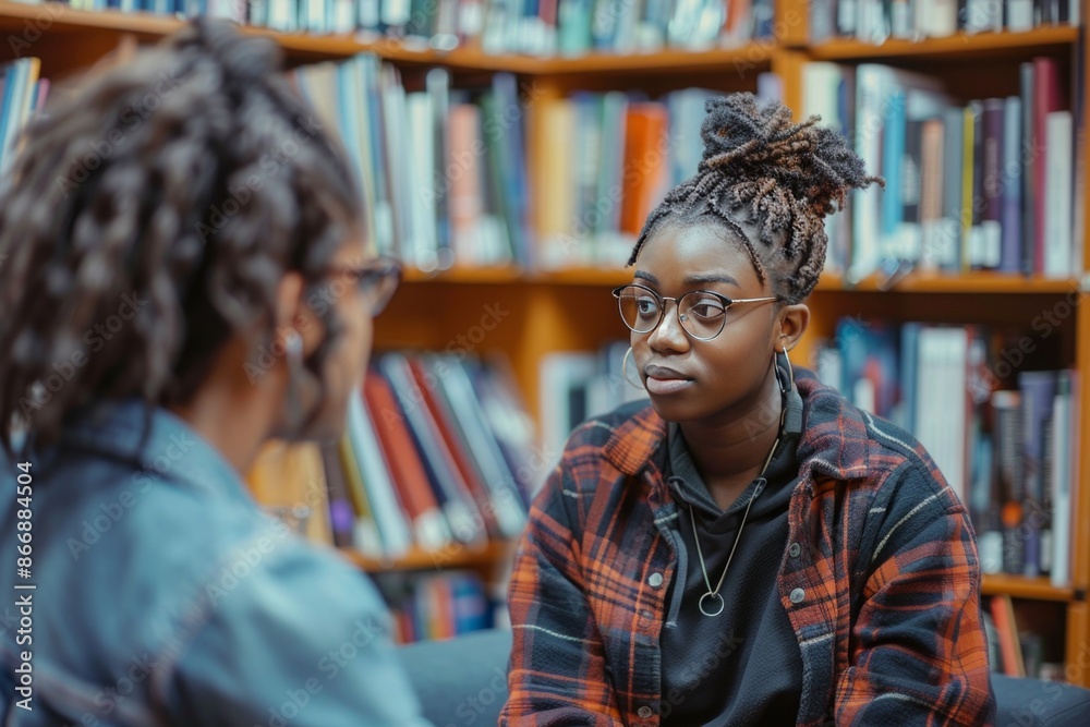 Friendly conversation between young women in a comfortable indoor setting, fostering a warm relationship Friendly conversation between young women in a comfortable indoor setting, fostering a warm relationship