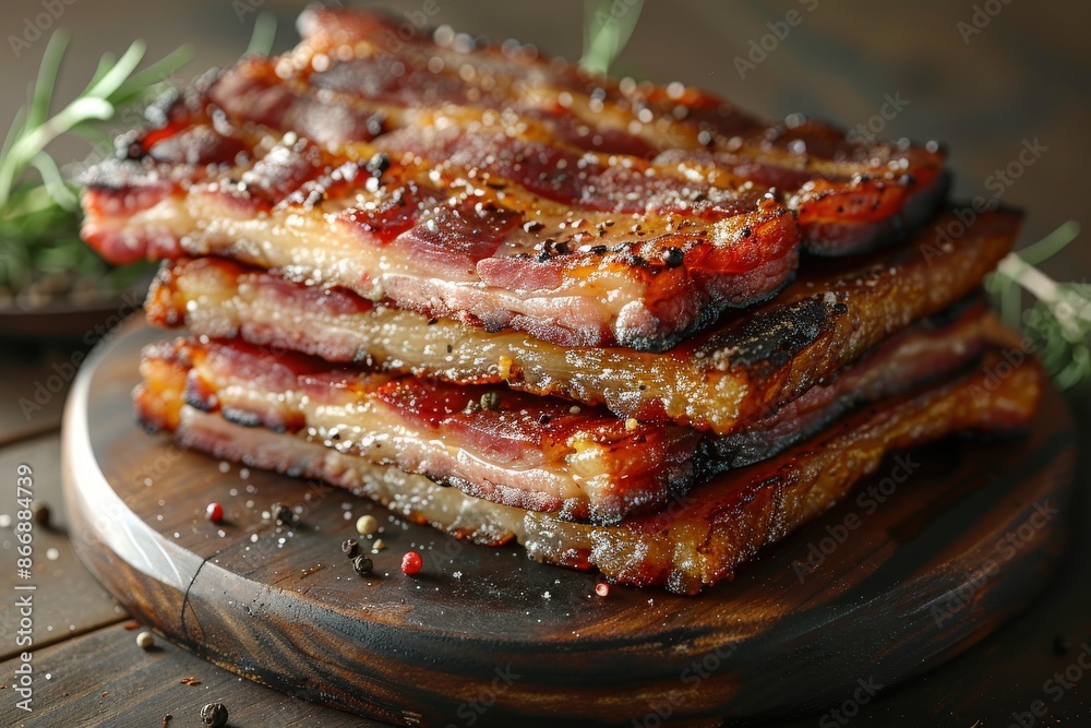 Three thick and juicy slices of perfectly smoked bacon stacked neatly on a dark wooden board. The bacon is peppered and seasoned, showcasing a delectable texture. Three thick and juicy slices of perfectly smoked bacon stacked neatly on a dark wooden board. The bacon is peppered and seasoned, showcasing a delectable texture.