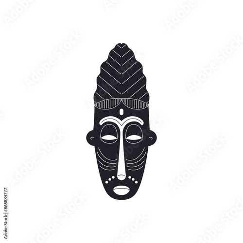 Tribal mask black line art icon, African carved wooden mask with ornament, vector outline ethnic aboriginal face totem