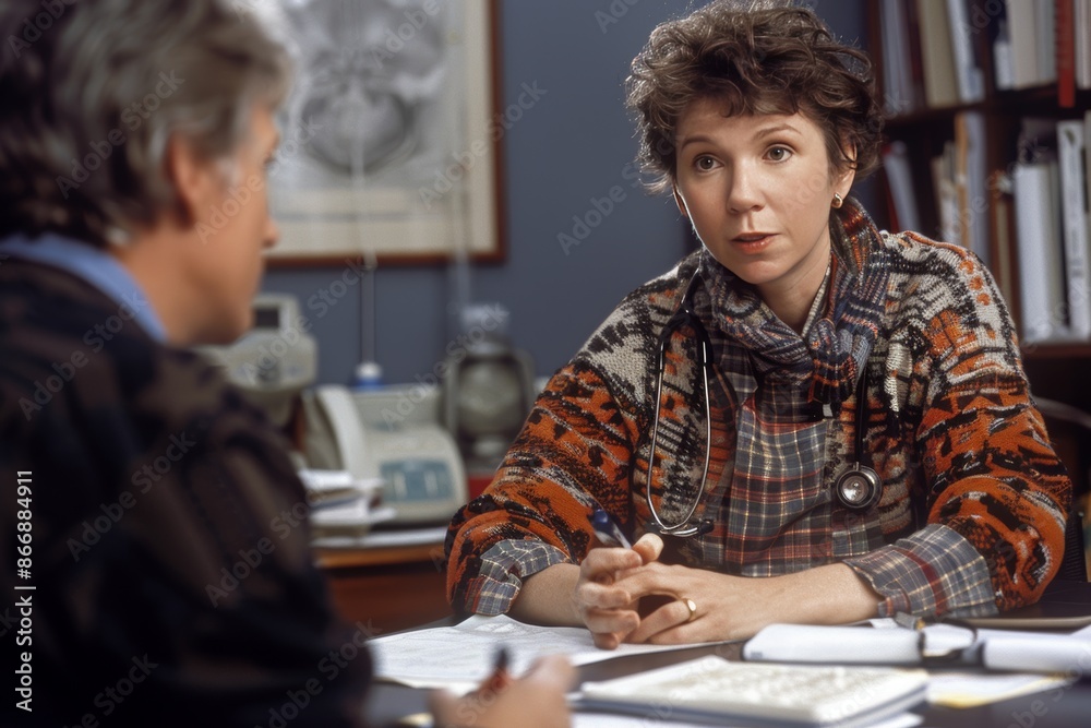 An elderly woman, possibly a doctor, consulting with a patient during a healthcare appointment. The scene depicts a medical professional providing healthcare advice and performing a checkup An elderly woman, possibly a doctor, consulting with a patient during a healthcare appointment. The scene depicts a medical professional providing healthcare advice and performing a checkup