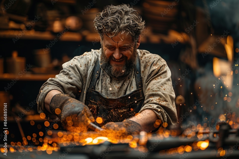 A joyful blacksmith is seen working with hot metal in his workshop, sparks flying around as he shapes the metal with skill and satisfaction in his craft. A joyful blacksmith is seen working with hot metal in his workshop, sparks flying around as he shapes the metal with skill and satisfaction in his craft.