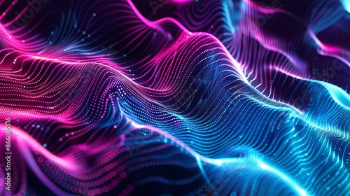 Abstract flowing wave lines and dots, digital data visualization, futuristic technology background. Concepts. big data, artificial intelligence, cyberspace.