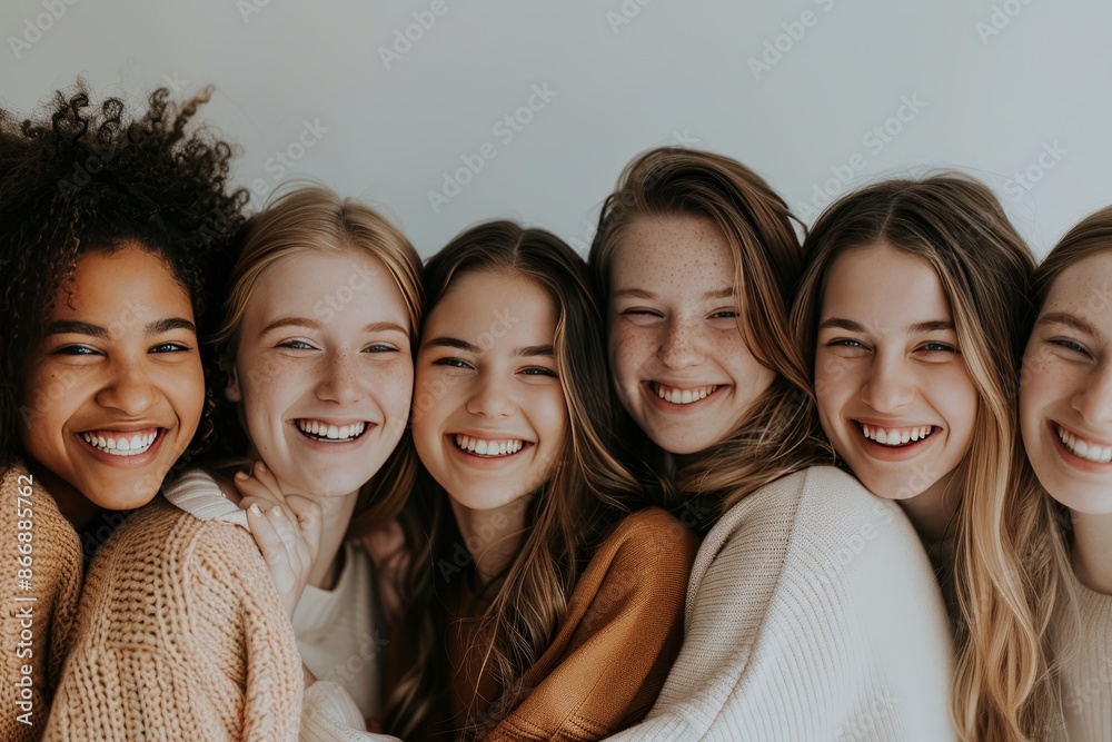 Fototapeta premium A group of women standing together and posing for a photo, smiling and looking at the camera. The background is neutral, emphasizing the subjects.
