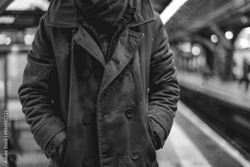 Black and White Close-Up of a Person in a Trench Coat at a Train Station © Derrick