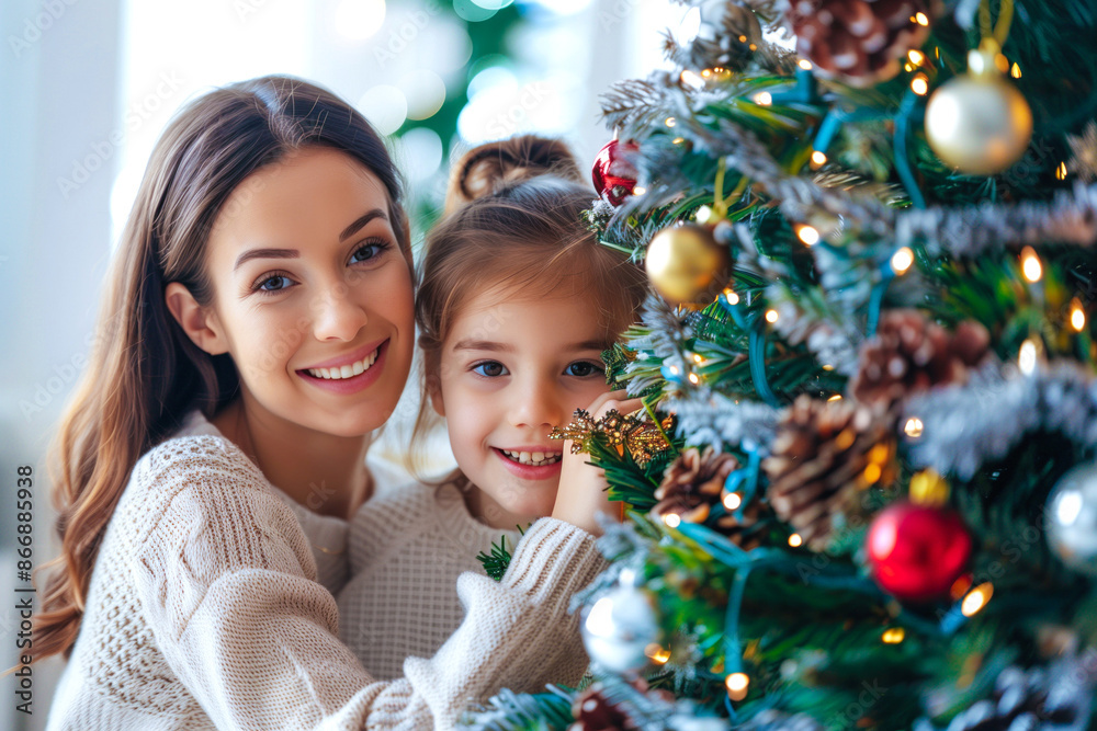 Smiling mother and daughter decorating tree