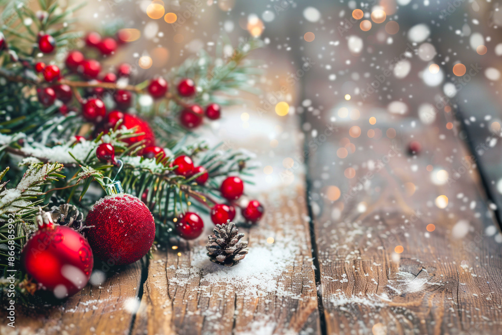 Christmas decorations on snowy wooden table Christmas decorations on snowy wooden table