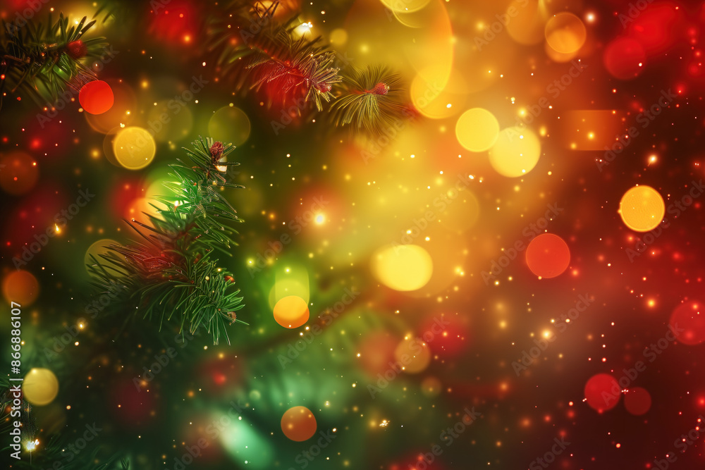Christmas bokeh lights and pine branches Christmas bokeh lights and pine branches