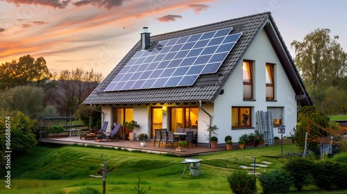 Modern Luxury Home with Solar Panels and Pool Sustainable Living Green Energy Evening