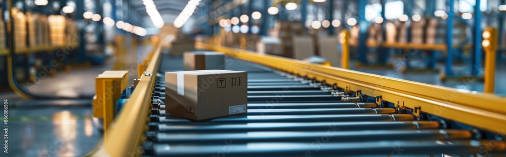Packages on Conveyor Belt in Warehouse Packages on Conveyor Belt in Warehouse