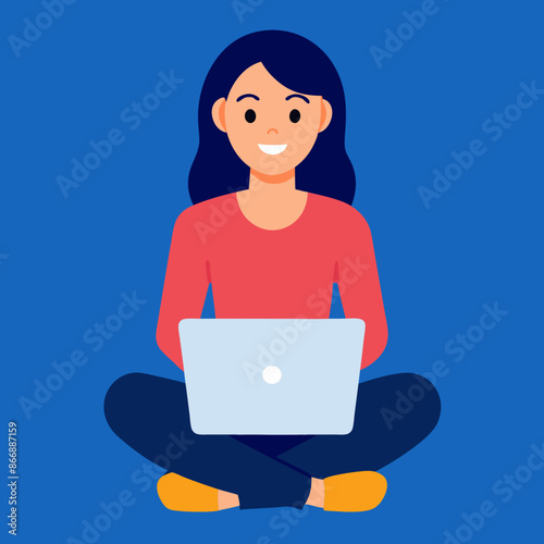 smiling woman Jane sitting with crossed legs, holding laptop. Freelance, studying, online education, work at home silhouette vector art illustration