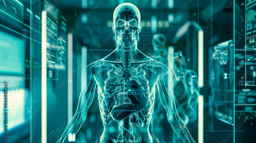 Holographic human figure with data on computer screens. Modern medicine. Human body as a futuristic machine. Holographic human figure with data on computer screens. Modern medicine. Human body as a futuristic machine.