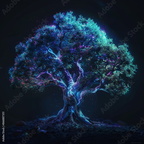 Glowing Magical Tree of Life. Neon blue and purple fantasy concept art, perfect for book covers, posters, and album art.