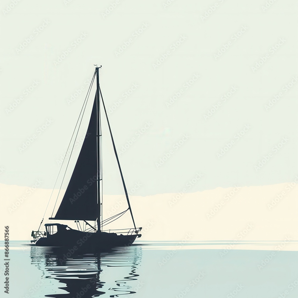 Fototapeta premium A minimalist and elegant silhouette of a sailboat on calm ocean waters at sunset. Generative AI