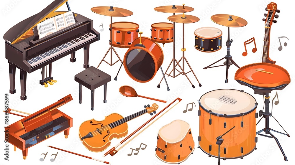 Vector illustrations of different musical instruments piano guitar ...