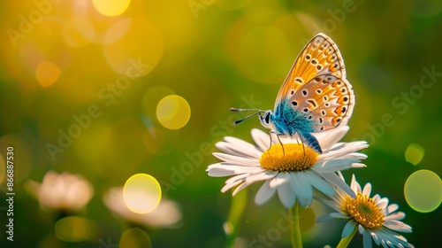 A butterfly is sitting on a daisy with bokeh. photo