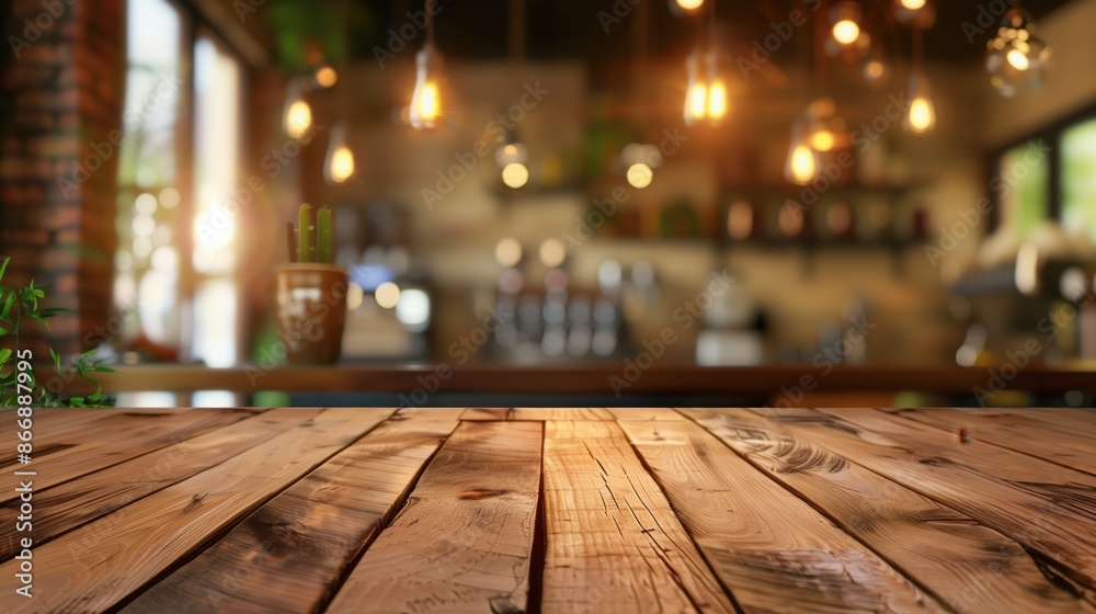 Rustic Wooden Table in Cozy Cafe with Warm Lighting and Blurred Background Rustic Wooden Table in Cozy Cafe with Warm Lighting and Blurred Background