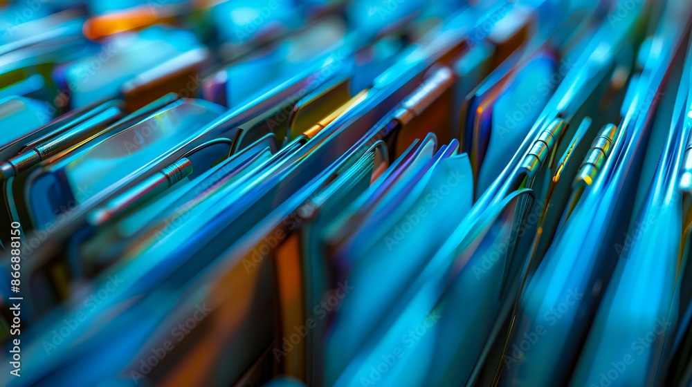 A close up of many blue folders. A close up of many blue folders.