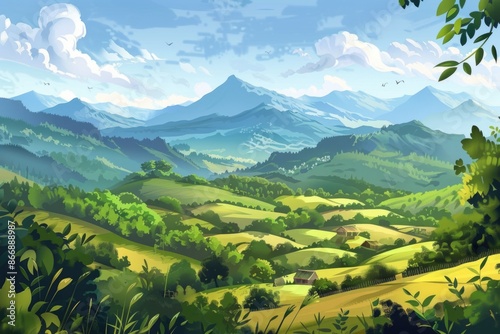 Green valley landscape with mountains