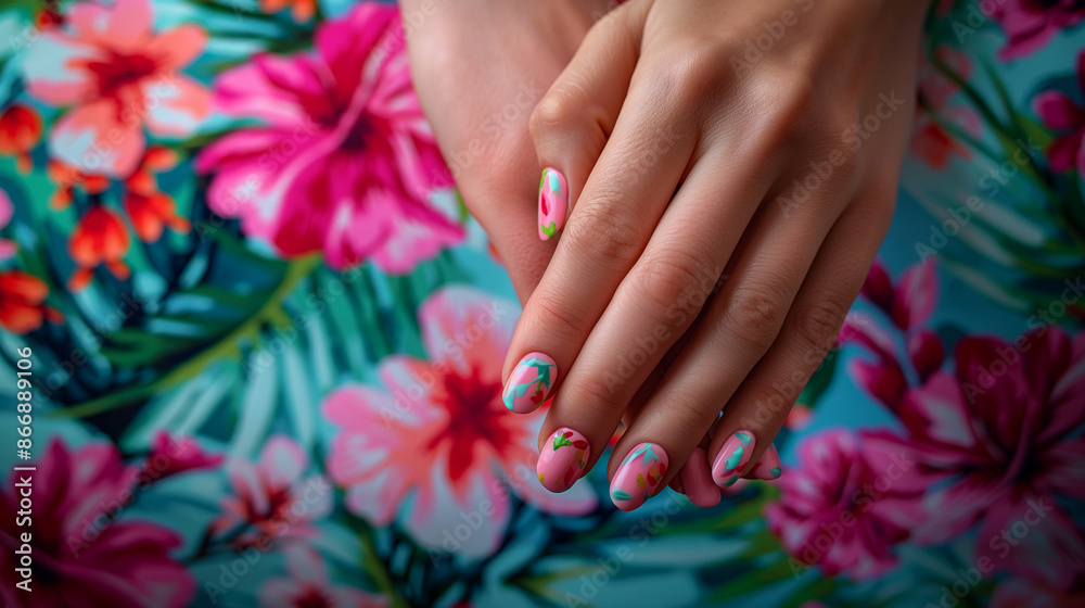 Fototapeta premium Beautiful female hands with colourful manicure . Female hands with nail design