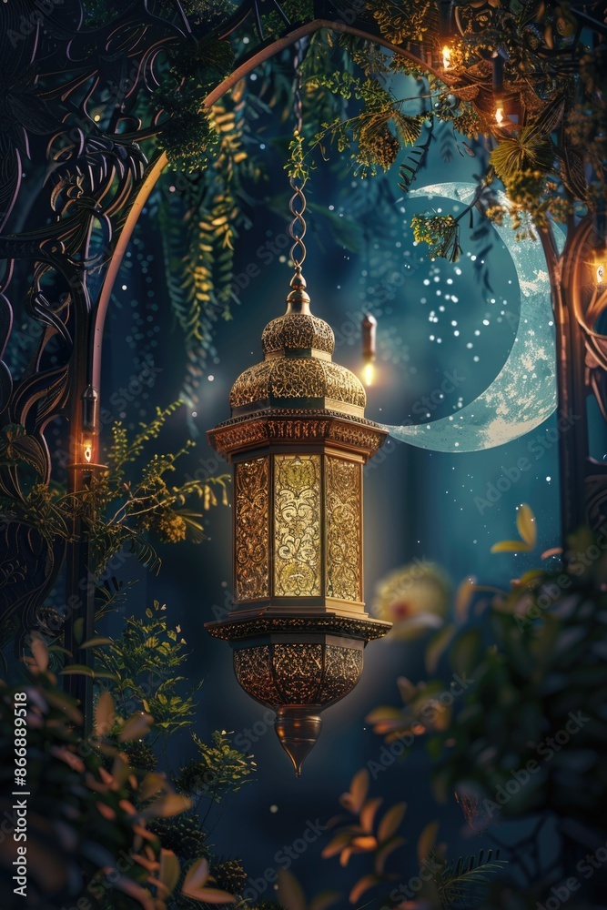 Obraz premium Lantern hanging from tree under full moon