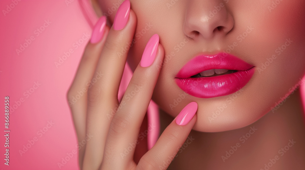 Obraz premium Beautiful girl showing pink manicure nails . makeup and cosmetics