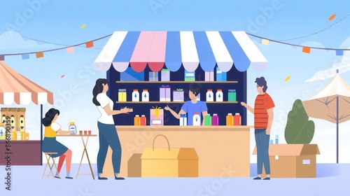 business owner managing a pop-up shop, interacting with customers and setting up products